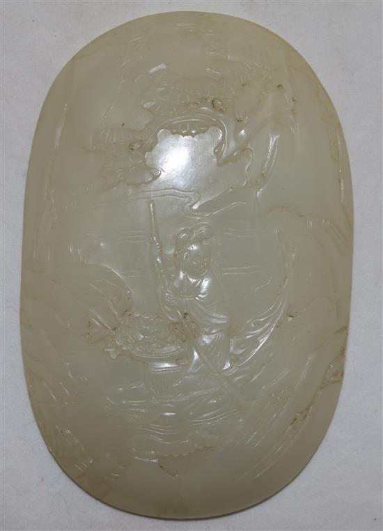 A Chinese white jade convex plaque, 18th / 19th century, 10.6 x 6.8cm